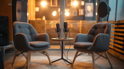 Interview and podcast room with two armchairs, table, microphone and lamps, Modern interview studio