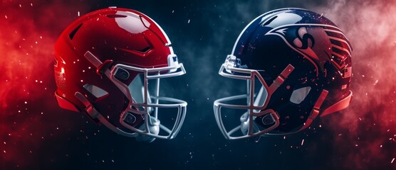 American football banner - illustration with two versus american football helmets. - obrazy, fototapety, plakaty