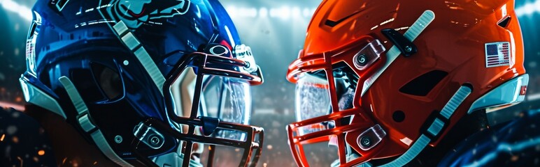 Fototapeta premium American football banner - illustration with two versus american football helmets. red vs blue