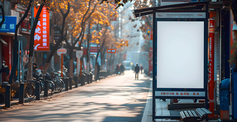 bus stop mockup on a busy street during the day with bright lights