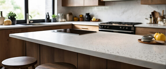 Kitchen luxury white color counter top on blurred kitchen background with food product display.