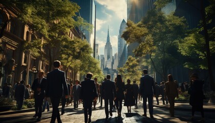 A group of business people commuting on a busy city street