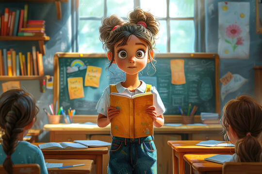 Cartoon girl reading in a classroom setting