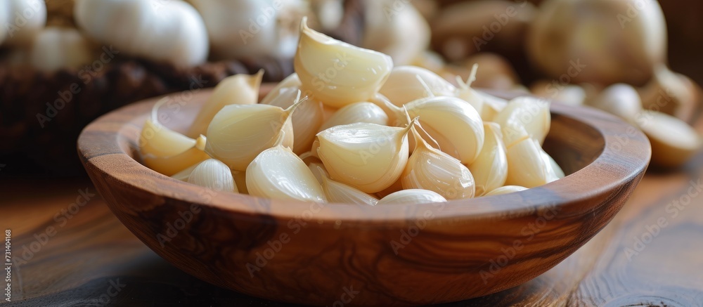 Canvas Prints A wooden bowl filled with garlic adds flavor to dishes and is a staple ingredient in many recipes across different cuisines.