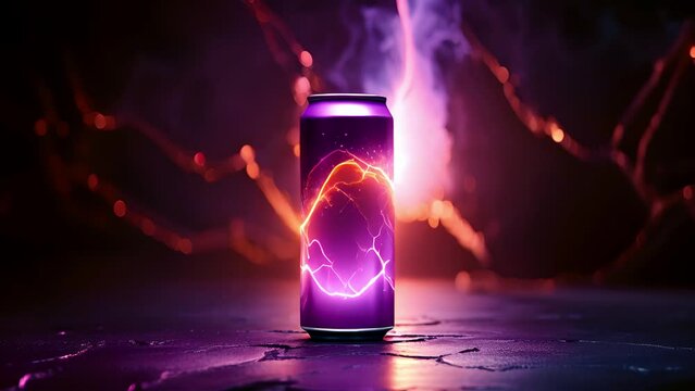 Aluminum energy drink soda can on a dark glowing background