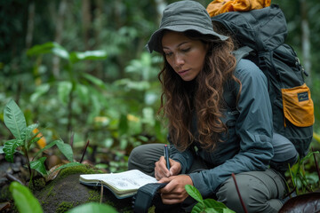 Ecologist taking notes in the forest during field research - obrazy, fototapety, plakaty