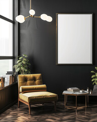mockup room, study, dark colors, blank frame on the wall, advertisement