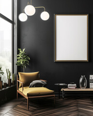 mockup room, study, dark colors, blank frame on the wall, advertisement