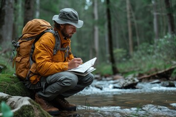 Biologist conducting field research by a mountain stream