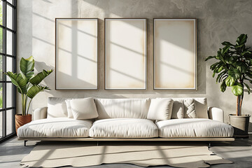 Set of 3 Mockups empty, blank poster canva, inside a living room, beside the window, beautiful sunlight
