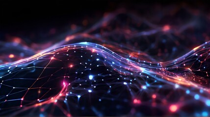 暗い背景にネットワーク内を流れる輝く粒子データ、ネットワーク｜Glowing particle data flowing in the network on a dark background.network. Generative AI