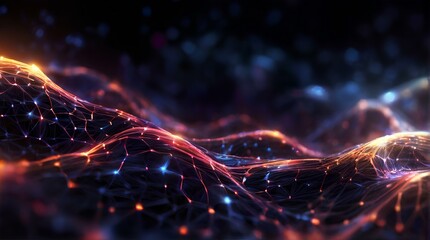 暗い背景にネットワーク内を流れる輝く粒子データ、ネットワーク｜Glowing particle data flowing in the network on a dark background.network. Generative AI