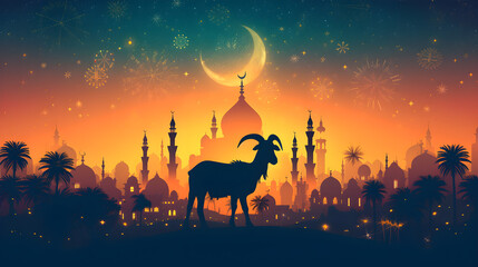 Eid al-Adha poster concept with goat and mosque in the background, representing the Islamic holiday and tradition of sacrifice. It can be used for event promotion or educational purposes. - obrazy, fototapety, plakaty