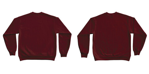 Blank Long Sleeve Sweatshirt Crewneck Color Maroon Template Mockup Front and Back View on Transparent Background