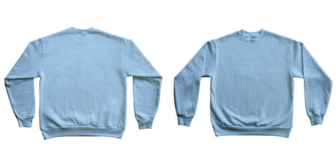 Blank Long Sleeve Sweatshirt Crewneck Color Light Blue Template Mockup Front and Back View on Transparent Background