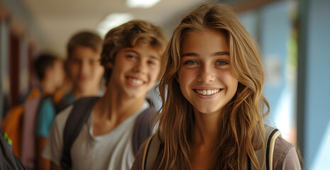 Obraz premium Latin Teenager school kids running in high school hallway