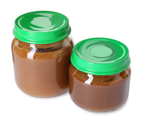 Baby food. Different healthy puree in jars isolated on white