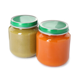 Baby food. Different healthy puree in jars isolated on white