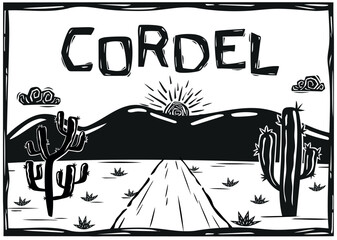 Desert scene from the interior of northeastern Brazil, in the style of cordel art. Vector illustration.
