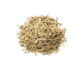 Pile of dry fennel seeds isolated on white, top view