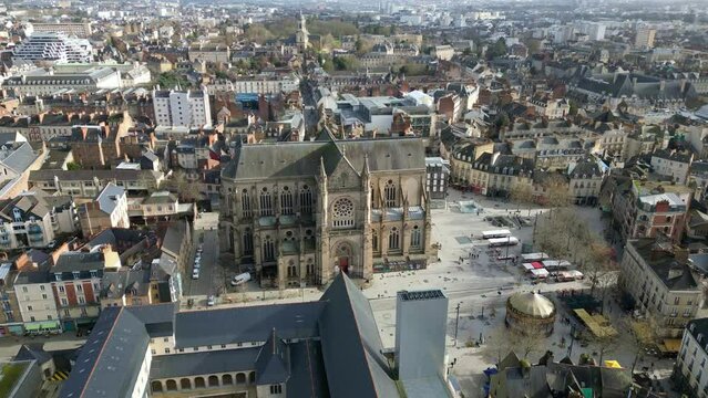 Basilica Saint-Aubin in Place Sainte Anne square and Jacobins convent, Rennes in France. Aerial orbiting