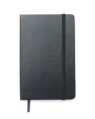 Closed notebook with blank black cover isolated on white, top view