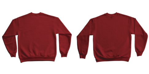 Blank Long Sleeve Sweatshirt Crewneck Color Red Template Mockup Front and Back View on Transparent Background
