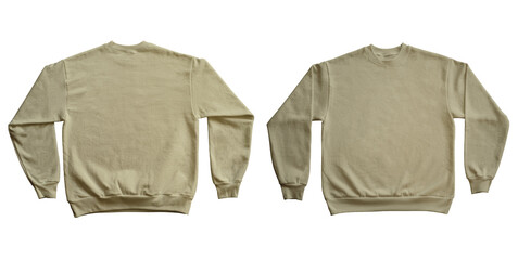 Blank Long Sleeve Sweatshirt Crewneck Color Sand Template Mockup Front and Back View on Transparent Background