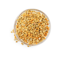 Fresh bee pollen granules in bowl isolated on white, top view