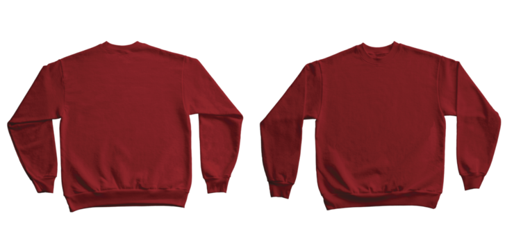 Blank Long Sleeve Sweatshirt Crewneck Color Red Template Mockup Front and Back View on Transparent Background
