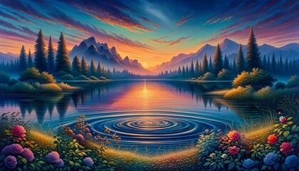 Sunset over the lake. Serenity at Dusk: The Calming Rhythms of Nature - obrazy, fototapety, plakaty