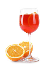 Tasty Aperol spritz cocktail in glass and halves of orange isolated on white