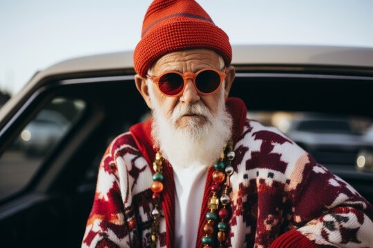 Portrait of senior hipster man in sunglasses and red hat standing near car.