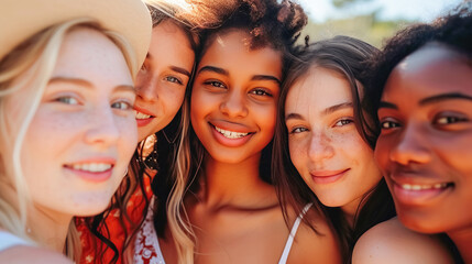Obraz premium A motley group of young girls snuggle closely together, look at the camera and smile, feigning friendship and joy