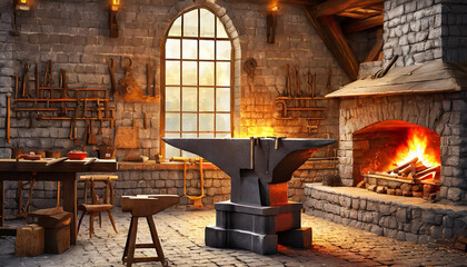 Blacksmith Shop with various tools - Powered by Adobe
