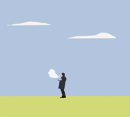 Obraz premium Man smoking a cigarette on street standing under clouds blue sky. Minimal Relaxing. Nicotine addiction. Young man in hoodie