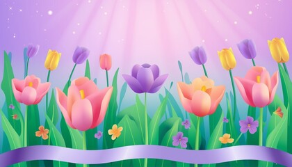 spring illustration with flowers and ribbon