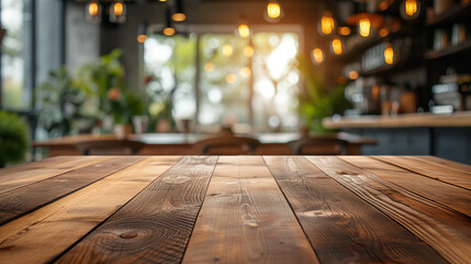 Empty beautiful wood tabletop counter and blur bokeh modern kitchen interior background in clean and bright, Banner, Ready for product montage, kitchen in evening light	