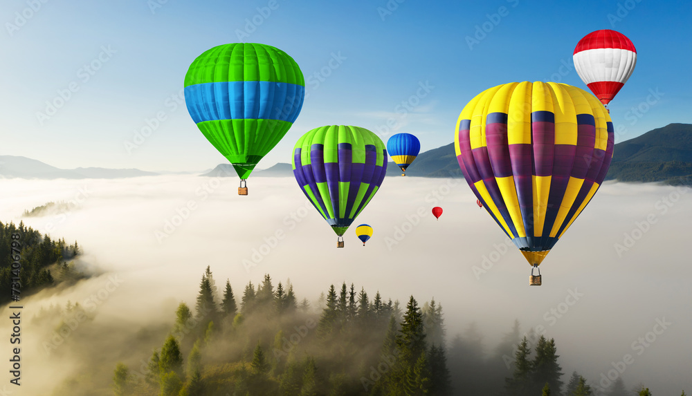 Wall mural Bright hot air balloons flying over foggy mountains. Banner design