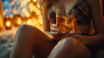 close up of woman's leg with body and hands Woman holding a whisky drink, sexy woman with alcohol drink - obrazy, fototapety, plakaty