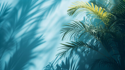 palm leaves in the sun background, palm leaves shadow with blue background, summer vacation travel...