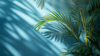 green palm shadow blue color texture pattern cement wall background,, 