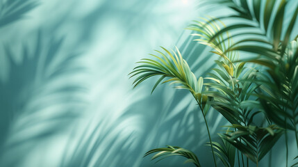 green palm shadow blue color texture pattern cement wall background,, nature organic cosmetic products for sale shop online. Summer tropical beach with minimal concept with copy space