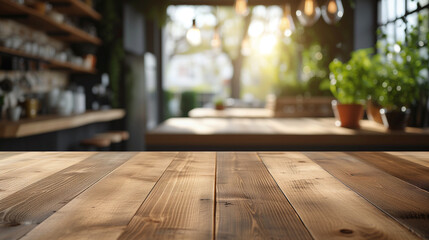 Empty beautiful wood tabletop counter and blur bokeh modern kitchen interior background in clean and bright, Banner, Ready for product montage, soft sunlight from window