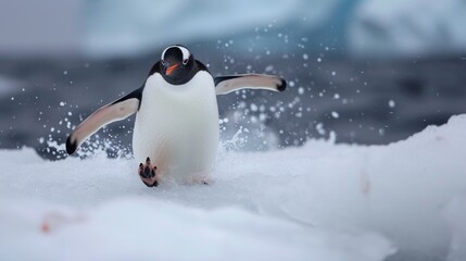 Playful penguin slides gracefully on the ice, enjoying a moment of icy delight, Ai Generated.