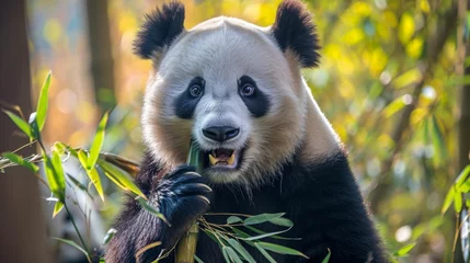 Poster Adorable panda munches on bamboo, its fluffy fur contrasting against lush greenery, Ai Generated. © Crazy Juke