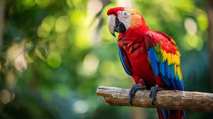 Obraz premium Colorful parrot perches gracefully on a branch, its vibrant plumage a sight to behold, Ai Generated.
