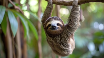 Relaxed sloth hangs lazily from a branch, embodying tranquility in its natural habitat, Ai Generated.