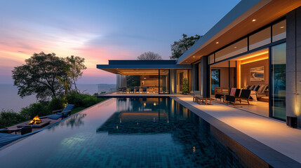 Fototapeta premium Modern house with a swimming pool, modern pool villa at the beach, big luxury villa