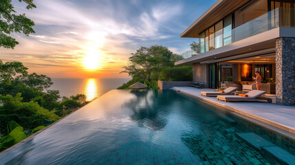 Modern house with a swimming pool, modern pool villa at the beach, luxury villa with  tropical ocean - obrazy, fototapety, plakaty
